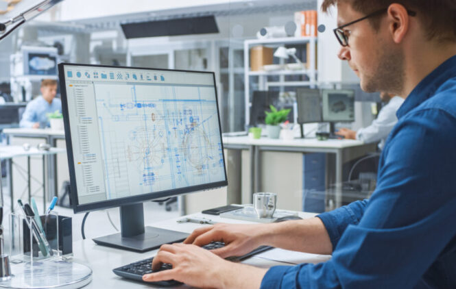 Over the Shoulder Shot of Engineer Working with CAD Software on - Search Solution Group industrial engineer at computer in blue shirt