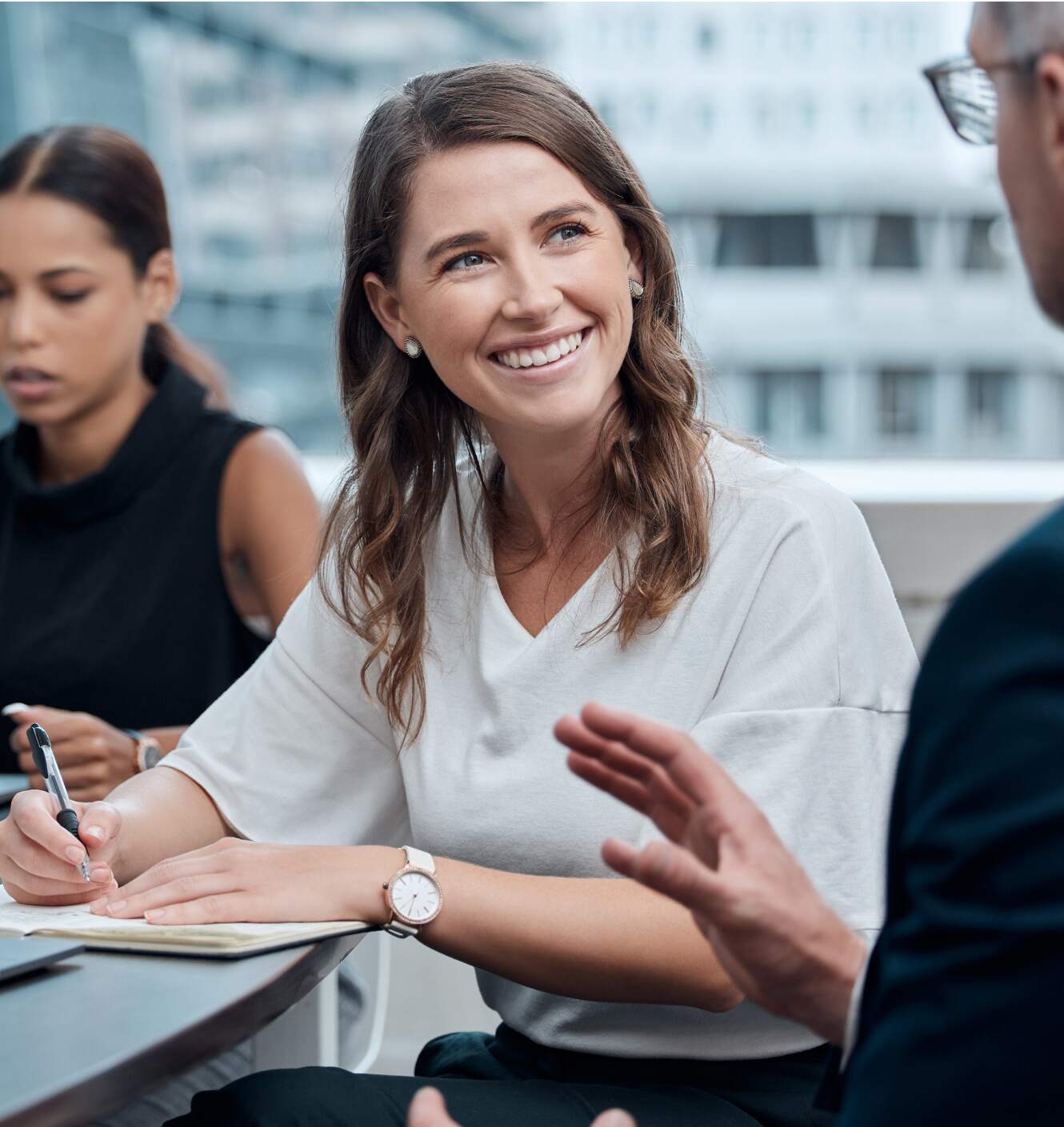 contract to hire recruiter smiling contract staffing service provider on the phone
